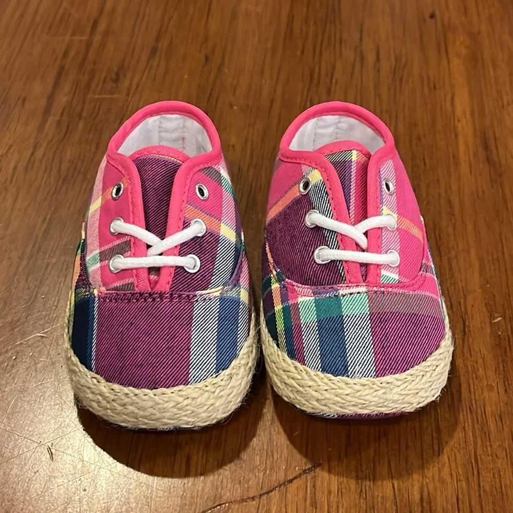 Polo Ralph Lauren Pink Plaid Bowman Lace Crib Shoes Sneakers Girls Baby Size 2